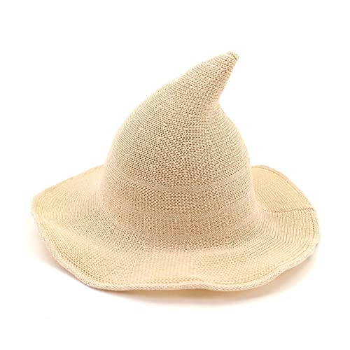 HzDazrl Hexenhut für Damen, breite Krempe, Wolle, spitze Kappe, Weihnachten, Party, Urlaub, tägliches Accessoire, Zaubererhüte (klassisches Baumwollgarn, Beige, Einheitsgröße) von HzDazrl