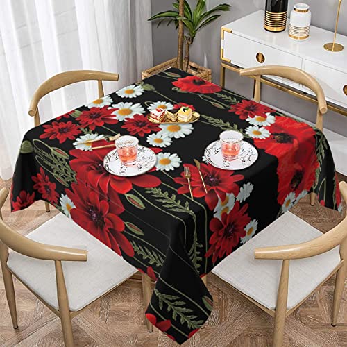 Hzhuaoeg Quadratische Tischdecke, Motiv: rote Blumen und weiße Gänseblümchen, waschbar, Polyester-Stoff, Tischdecke für Küche, Esstisch, 137 x 137 cm von Hzhuaoeg