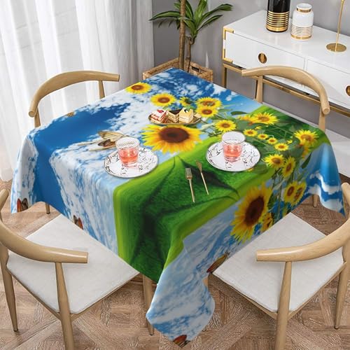 Hzhuaoeg Quadratische Tischdecke mit Sonnenblumen- und Schmetterlings-Motiv, waschbar, Polyester, Tischdecke für Küche, Esstisch, 137 x 137 cm von Hzhuaoeg