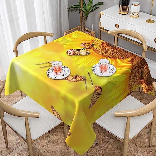 Hzhuaoeg Quadratische Tischdecke mit Sonnenblumen- und Schmetterlings-Motiv, waschbar, Polyester-Stoff, Tischdecke für Küche, Esstisch, 137 x 137 cm von Hzhuaoeg