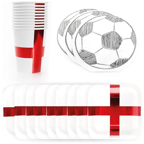 England-Fußball-Party-Set – 160-teiliges Set – England-Flagge, quadratische Pappteller mit England-Flagge, Pappbecher und Fußball-Servietten – Partygeschirr-Set für englische Sportfans von I LOVE FANCY DRESS