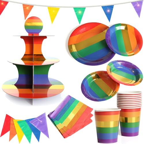 Regenbogen-Party-Dekorationspaket – 10 Regenbogenbecher, 22,9 cm Regenbogen-Teller, 19,1 cm Regenbogen-Schalen, 20 Regenbogen-Servietten, Regenbogen-Leucht-Wimpelkette und Regenbogen-Kuchenständer – von I LOVE FANCY DRESS