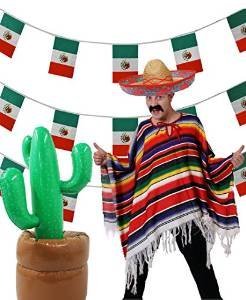 SUPER MEXIKO 5 TEILIGES SET ==BEINHALTET EINEN SOMBRERO IHRER Wahl ERHALTBAR IN 4 VERSCHIEDENEB FARBEN== EINEM MEHRFARBIGEN PONCHO = = EINEN AUFBLASBAREN KAKTUS 96cm GROß DER BODEN KANN MIT SAND ODER WASSER GEFÜLLT WERDEN==EINER 10meter LANGEN MEXIKANISCHEN FLAGGEN GIRLANDE==EINEN AUFKLEBBAREM SCHWARZEN MEXIKANER SCHNURRBART= VON ILOVEFANCYDRESS®==MIT ROTEN STICKEREIEN von I LOVE FANCY DRESS