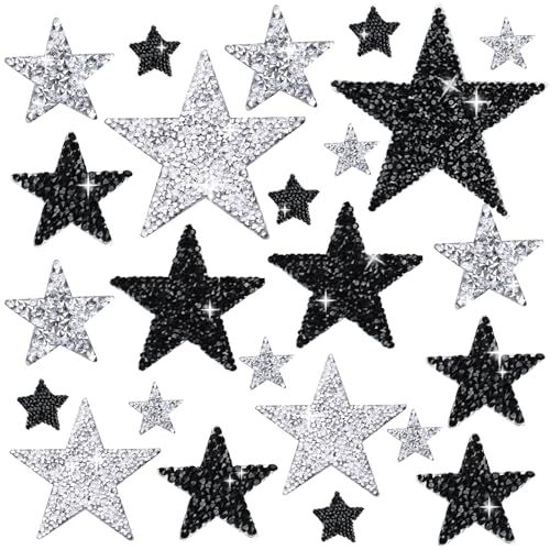 24 Stück 4 Größen Bügelbilder Sternform Strass Patch Applikationen Selbstklebende Glitzer Stern Patches DIY Zubehör für Kleidung Jeans Taschen Reparatur Dekoration (schwarzes Set) von IAXSEE