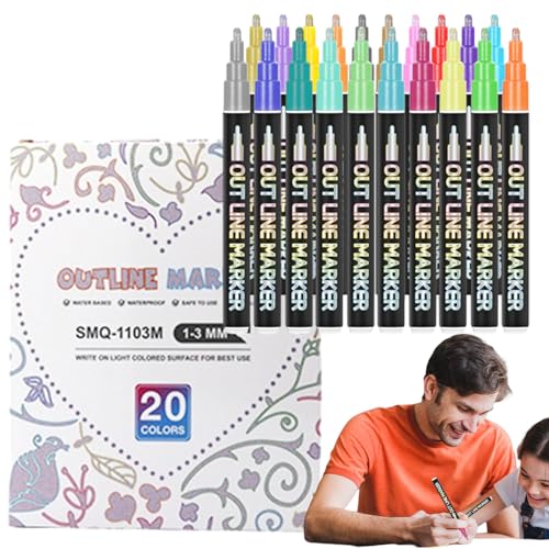 IAZE Double Lines Outline Pens, Shuttle Art Shimmer Marker Set mit 20 Farben Selbstumriss Metallicc Marker Stifte für Kunst, Zeichnen, Kritzeln, Kartenherstellung, Weihnachtsgrußkarte, Basteln von IAZE