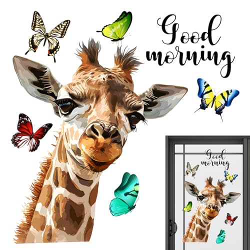 IAZE Giraffe Fenster Wandaufkleber Guten Morgen Gefälschte Fenster Wandaufkleber Doppelseitige Wandaufkleber Realistische Tier Auto Fenster Aufkleber Gefälschte Fenster Wandaufkleber mit Schmetterling von IAZE