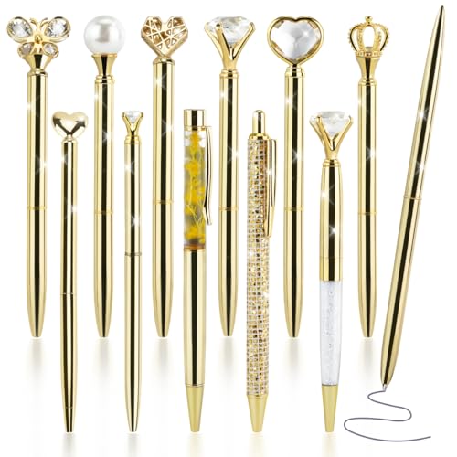 IBEQUEM 12 Stück Kugelschreiber Set, Golden Glitzer Metall Kugelschreiber mit schwarzer Tinte einziehbare Stifte Geschenk für Frauen Mädchen Brautjungfer Hochzeit von IBEQUEM