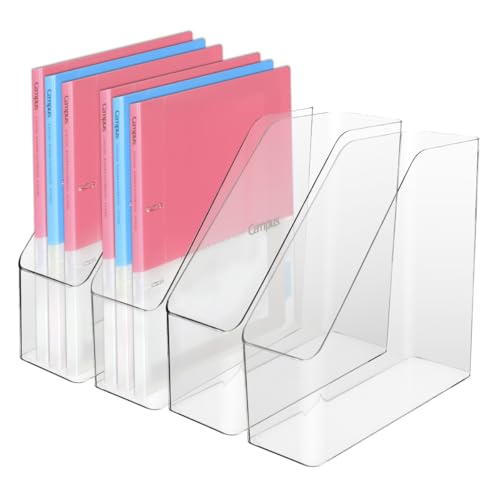 IBEQUEM 4 Stück klar Acryl Magazin Dateihalter, Kunststoff vertikale Datei Ordner Lagerung Magazin Rack Bin, Acryl Magazinhalter, Schreibtisch Dokument Sorter Organisator für Home Office Work Desktop von IBEQUEM