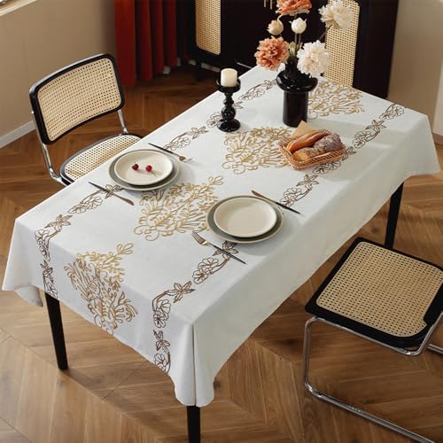 IBEQUEM Elegante Damast Tischdecke, Beige Baumwolle Leinen Barock Tischdecke, Klassische Vintage Falten und Flecken beständige waschbare Tischschutz für Esszimmer Küche Party (Rechteckig-140 * 200) von IBEQUEM