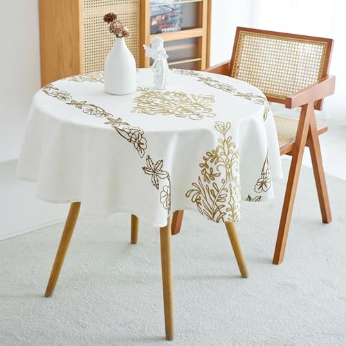 IBEQUEM Elegante Damast Tischdecke, Beige Baumwolle Leinen Barock Tischdecke, Klassische Vintage Falten und Flecken beständige waschbare Tischschutz für Esszimmer Küche Party (Rund-140) von IBEQUEM