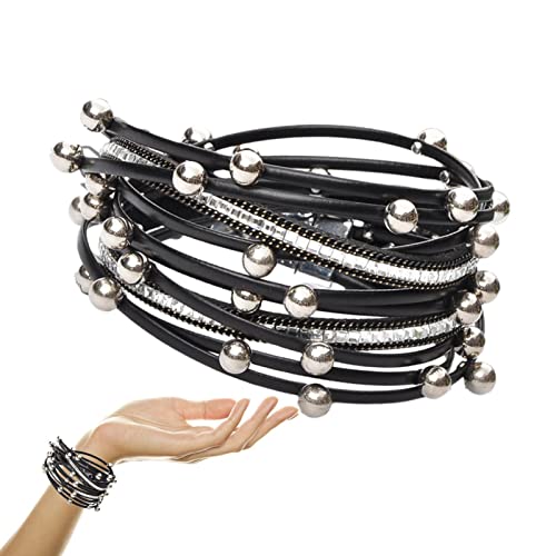 IBUGER Wickelarmband aus Leder, Mehrschichtiges Wickelarmband aus Leder mit 2-reihiger Wicklung, Boho Leopard Kristall Perlen Manschette Armband Schmuck mit starkem Magnetverschluss für Monther von IBUGER