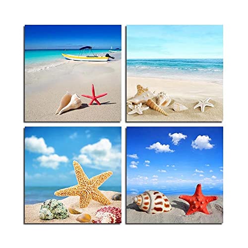 IBUKHSDGYIFH Wandkunst Leinwand Poster Drucken Sand Strand Meer Blauer Himmel Muschel Muschel Schnecke Malerei auf Leinwand Bild Büro Wohnkultur Ungerahmt-40x40cmx4 von IBUKHSDGYIFH