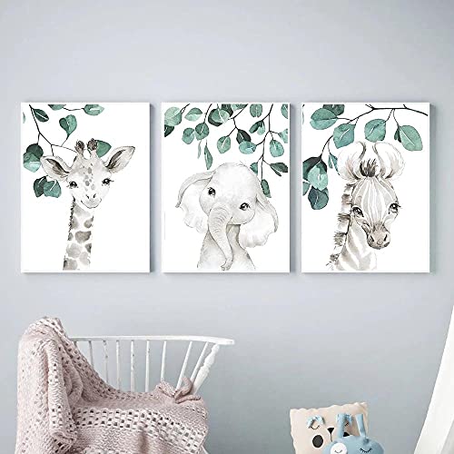 IBUKHSDGYIFH Safari Baby Zebra Giraffe Eukalyptus Tiere Wandkunst Leinwand Malerei Nordic Poster und Drucke Kindergarten Kind Babyzimmer Dekoration Ungerahmt-40x50cmx3 von IBUKHSDGYIFH