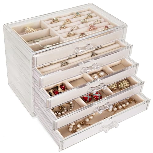 IBVIVIC Acryl Schmuckkästchen mit 5 Schubladen, Schmuckschatulle durchsichtig, Samt Schmuckbox für Ringe, Ohrringe, Uhr, Armbänder und Halskette, Beige von IBVIVIC