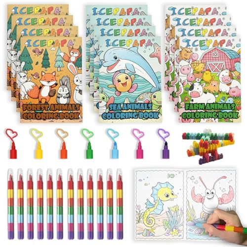 ICEPAPA, 12 Mini Malbücher für Kinder und 12 Wachsmalstifte Stapelbar (7 Farben in 1), Perfekt für Mitgebsel Kindergeburtstag, Abschiedsgeschenk Kindergarten und kleine Geschenke für Kinder von ICEPAPA