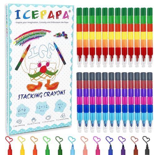 ICEPAPA, 24 Stapelbare Stifte Kinder, insgesamt 12 Farben, ideal als Mitgebsel Kindergeburtstag, Kindergeburtstag Gastgeschenke und Give Aways Kindergeburtstag von ICEPAPA