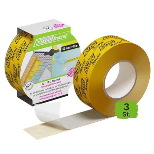 ICUTEC 3er Spar-Pack Icucral Klebeband 033 3088, 60 mm x 40 m, Lösemittelfrei, extrem hohe Klebkraft, für Überlappungen bei Dampfbremsen, Profi-Qualität, luftdichtes Folienklebeband von ICUTEC