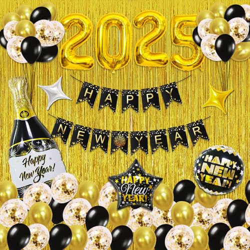 IDAODAN Silvester Dekorationen 2025 Kit, Silvester Party Supplies 2025 mit Happy New Year Banner, 2025 Luftballons, Fransenvorhänge, Champagner Ballon für Silvester Dekorationen von ID IDAODAN