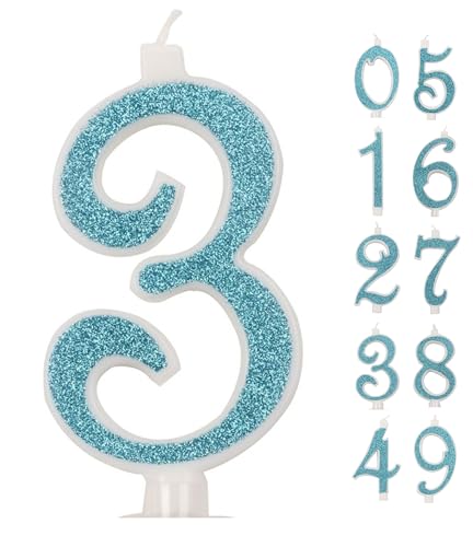 IDEGOS Große Kerze, 10 cm, Geburtstagskerzen, Zahl 3, 3D blau mit Pailletten, Dekoration für Kuchen, Geburtstag, Hochzeit, Blau, 3) von IDEGOS