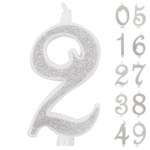 IDEGOS 10 cm Geburtstagskerzen, Zahl 9, 3D, goldfarben, glitzernd, Dekoration für Kuchen, Geburtstag, Kerzen für Kuchen, Hochzeit (Silber, 2) von IDEGOS