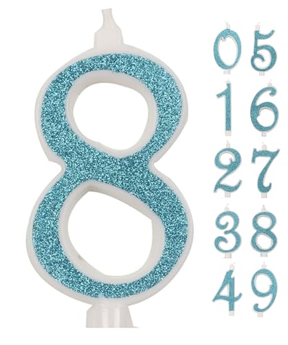 IDEGOS Große Kerze, 10 cm, Geburtstagskerzen, Zahl 8, 3D blau mit Pailletten, Dekoration für Kuchen, Geburtstag, Hochzeit, Blau, 8) von IDEGOS