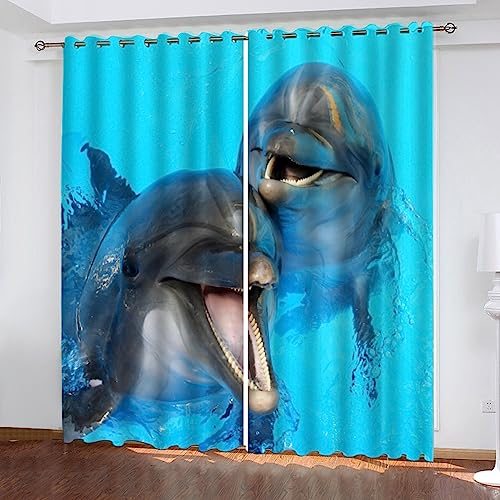 IDIDOS Delfin Vorhänge Mit Ösen Schlafzimmer Wohnzimmer Verdunkelungsvorhang 3D Gedruckt Blaues Meer Kinderzimmer Gardinen 110 x 95 cm von IDIDOS