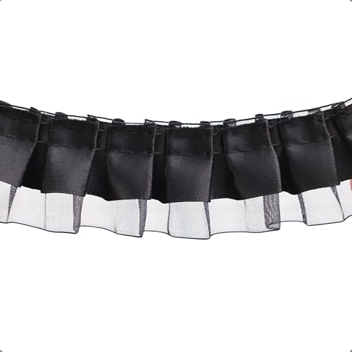 IDONGCAI Rüschenborte, 2-lagig, Satin-Organza, plissiert, 4 x 6 m, Spitzenband für Bastelarbeiten, Verzierung, Schwarz von IDONGCAI