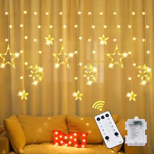 IEEILULU LED Ramadan Licht Stern Mond Lichterketten, 3.5m Sterne Mond Deko Licht, Eid Mubarak Licht LED mit 8 Blinkenden Modi, Lichtervorhang Innen Außen Deko für Ramadan, Party, Fenster, Hochzeit von IEEILULU