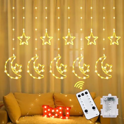 IEEILULU LED Stern Mond Lichterketten, 3.5m Sterne Mond Deko Licht, Eid Mubarak Licht LED mit 8 Blinkenden Modi, Lichtervorhang Innen Außen Deko für Ramadan, Hochzeit, Fenster (B) von IEEILULU