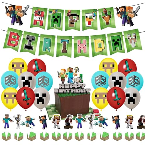 30 Pieces Spielthema Partyzubehör Tortendeko Video Game Geburtstag Party Set mit 12 Pcs Cupcake Topper 16 Pcs Cartoon Latex-Ballon Eine große Tortenkarte, ein Fahnenbanner von IFHDO