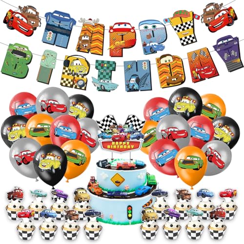 Cars Geburtstag Deko, Racing Geburtstag Dekoration Set, Cars Thema Party Dekoration Cars Luftballons Happy Birthday Banner Cake Topper Deko Tischdecke Party Set für Kindergeburtstag von IFHDO