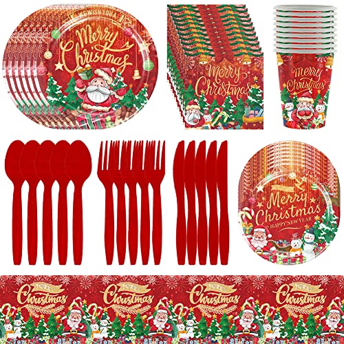 IFHDO Weihnachten Kinder Geschirr Set, 81 Stück Weihnachten Partygeschirr, Tischdeko Partygeschirr Set, Mit Teller, Becher, Servietten, Tischdecke, Messer, Gabel und Löffel Party Tableware Supplies von IFHDO