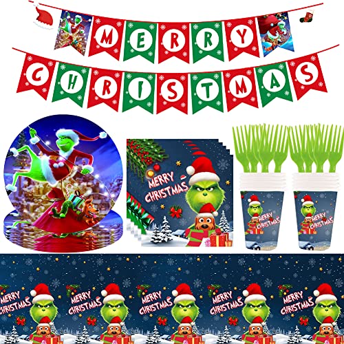 IFHDO Weihnachten Partygeschirr Set, 52 Stück Grinch Party Geschirr Tisch Dekoration Partygeschirr Weihnachten Partyzubehör Geschirr Banner Tischdecke Geschirr für Weihnachts Party Supplies von IFHDO