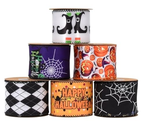 Halloween-Band mit Draht, 27,7 m, 6 Rollen, Kunsthanf, Halloween-Draht, Spinne, Kürbis, Dekorationsband, 6,3 cm x 9,1 m, für Dekoration, Geschenkverpackung, Schleife, Kranz, Girlande, von IFHFBI