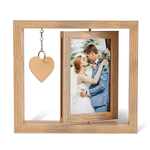 IGRARK Holz Bilderrahmen, Doppelseitigen Fotorahmen Drehen mit Herz Deko, Portraitrahmen Rahmen Frame für den Schreibtisch Familie Hochzeit Geschenke, Hält 2 Fotos 15x10cm (Holzfarbe) von IGRARK