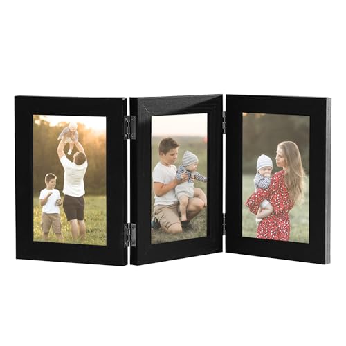 IGTOPS 3 Falten Holz Fotorahmen für 3 Fotos, Bilderrahmen Collage 3 Bilder mit Display Drehbar, Tischrahmen Rahmen Frame für den Schreibtisch Familie Hochzeit Geschenke (Schwarz, 4 * 6 inch) von IGTOPS