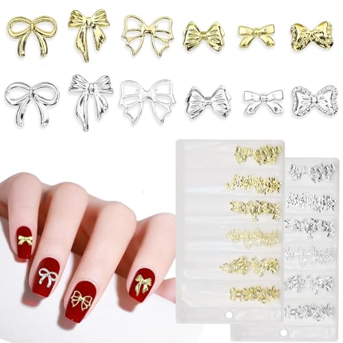 IGXX Gold Silber 3D Nail Charms,Bow Nail Gems Nail Studs,Mixed Bow Nail Art Charms,Nail Accessories,Resin Cute Nail Rhinestone Glitter for Nail Art, Craft and Decoration(Gold Silber) von IGXX