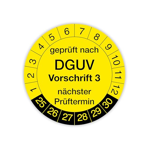 Prüfplakette „Geprüft nach DGUV Vorschrift 3“ – 140 Stück – Selbstklebende, UV-beständige und wetterfeste Prüfetiketten für Betriebsmittelprüfungen, Inspektionen, Leitern und Tritte (Ø 20 mm, Gelb) von IH Engineering BV