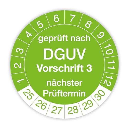 Prüfplakette „Geprüft nach DGUV Vorschrift 3“ – 140 Stück – Selbstklebende, UV-beständige und wetterfeste Prüfetiketten für Betriebsmittelprüfungen, Inspektionen, Leitern und Tritte (Ø 30 mm, Grün) von IH Engineering BV