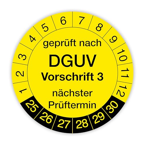 Prüfplakette „Geprüft nach DGUV Vorschrift 3“ – 140 Stück – Selbstklebende, UV-beständige und wetterfeste Prüfetiketten für Betriebsmittelprüfungen, Inspektionen, Leitern und Tritte (Ø 30 mm, Gelb) von IH Engineering BV