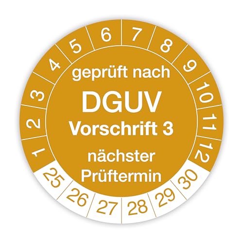 Prüfplakette „Geprüft nach DGUV Vorschrift 3“ – 140 Stück – Selbstklebende, UV-beständige und wetterfeste Prüfetiketten für Betriebsmittelprüfungen, Inspektionen, Leitern und Tritte (Ø 30 mm, Gold) von IH Engineering BV