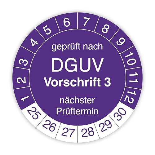 Prüfplakette „Geprüft nach DGUV Vorschrift 3“ – 140 Stück – Selbstklebende, UV-beständige und wetterfeste Prüfetiketten für Betriebsmittelprüfungen, Inspektionen, Leitern und Tritte (Ø 30 mm, Lila) von IH Engineering BV