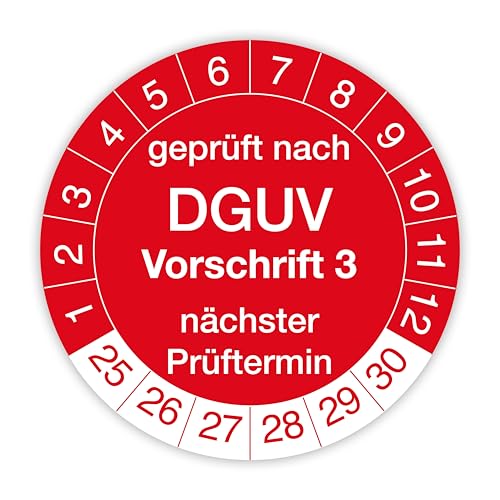 Prüfplakette „Geprüft nach DGUV Vorschrift 3“ – 140 Stück – Selbstklebende, UV-beständige und wetterfeste Prüfetiketten für Betriebsmittelprüfungen, Inspektionen, Leitern und Tritte (Ø 30 mm, Rot) von IH Engineering BV