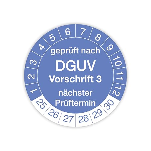 Prüfplakette „Geprüft nach DGUV Vorschrift 3“ – 260 Stück – Selbstklebende, UV-beständige und wetterfeste Prüfetiketten für Betriebsmittelprüfungen, Inspektionen, Leitern und Tritte (Ø 20 mm, Blau) von IH Engineering BV