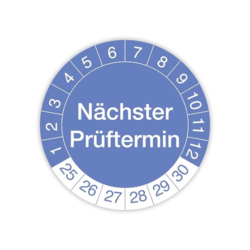 Prüfplakette „Nächster Prüftermin“ – 140 Stück – Selbstklebende, UV-beständige und wetterfeste Prüfetiketten für Betriebsmittelprüfungen, Inspektionen, Leitern und Tritte (Ø 20 mm, Blau) von IH Engineering BV