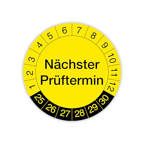 Prüfplakette „Nächster Prüftermin“ – 140 Stück – Selbstklebende, UV-beständige und wetterfeste Prüfetiketten für Betriebsmittelprüfungen, Inspektionen, Leitern und Tritte (Ø 20 mm, Gelb) von IH Engineering BV