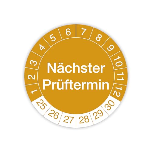 Prüfplakette „Nächster Prüftermin“ – 140 Stück – Selbstklebende, UV-beständige und wetterfeste Prüfetiketten für Betriebsmittelprüfungen, Inspektionen, Leitern und Tritte (Ø 20 mm, Gold) von IH Engineering BV