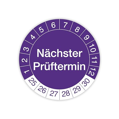 Prüfplakette „Nächster Prüftermin“ – 140 Stück – Selbstklebende, UV-beständige und wetterfeste Prüfetiketten für Betriebsmittelprüfungen, Inspektionen, Leitern und Tritte (Ø 20 mm, Lila) von IH Engineering BV