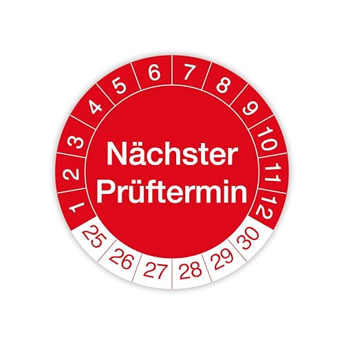 Prüfplakette „Nächster Prüftermin“ – 140 Stück – Selbstklebende, UV-beständige und wetterfeste Prüfetiketten für Betriebsmittelprüfungen, Inspektionen, Leitern und Tritte (Ø 20 mm, Rot) von IH Engineering BV