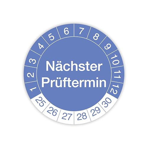 Prüfplakette „Nächster Prüftermin“ – 140 Stück – Selbstklebende, UV-beständige und wetterfeste Prüfetiketten für Betriebsmittelprüfungen, Inspektionen, Leitern und Tritte (Ø 30 mm, Blau) von IH Engineering BV